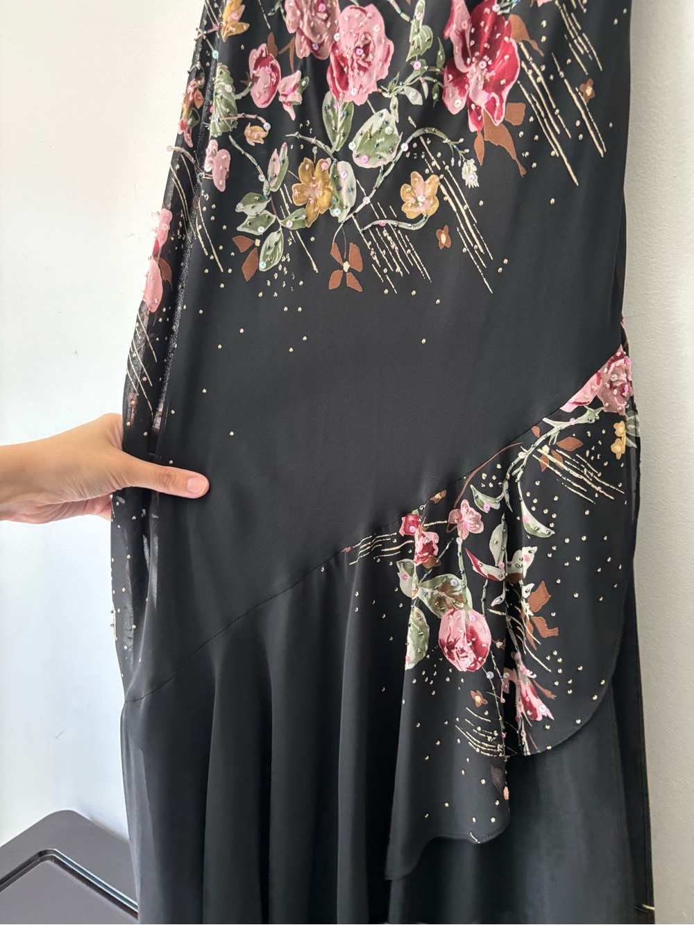 Y2K Black Asymmetrical Fairycore Beaded Pink Floral Draped Collar Dress - Small - Picture 11 of 15
